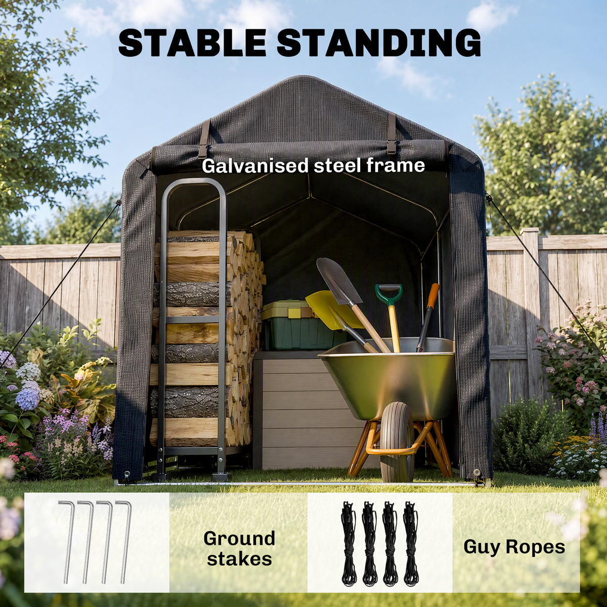 Garden storage tent with galvanized steel frame, ground stakes and guy ropes