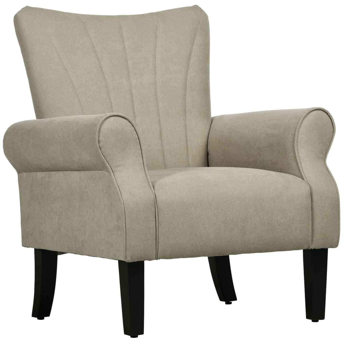 Beige upholstered armchair with rolled arms, a channel-stitched high back and black legs.