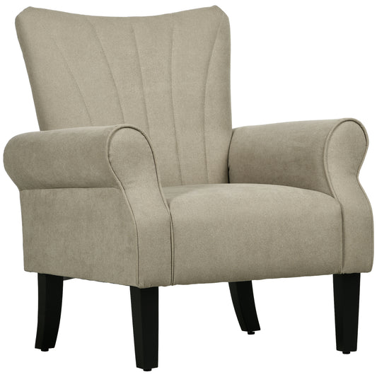 Beige upholstered armchair with rolled arms, a channel-stitched high back and black legs.