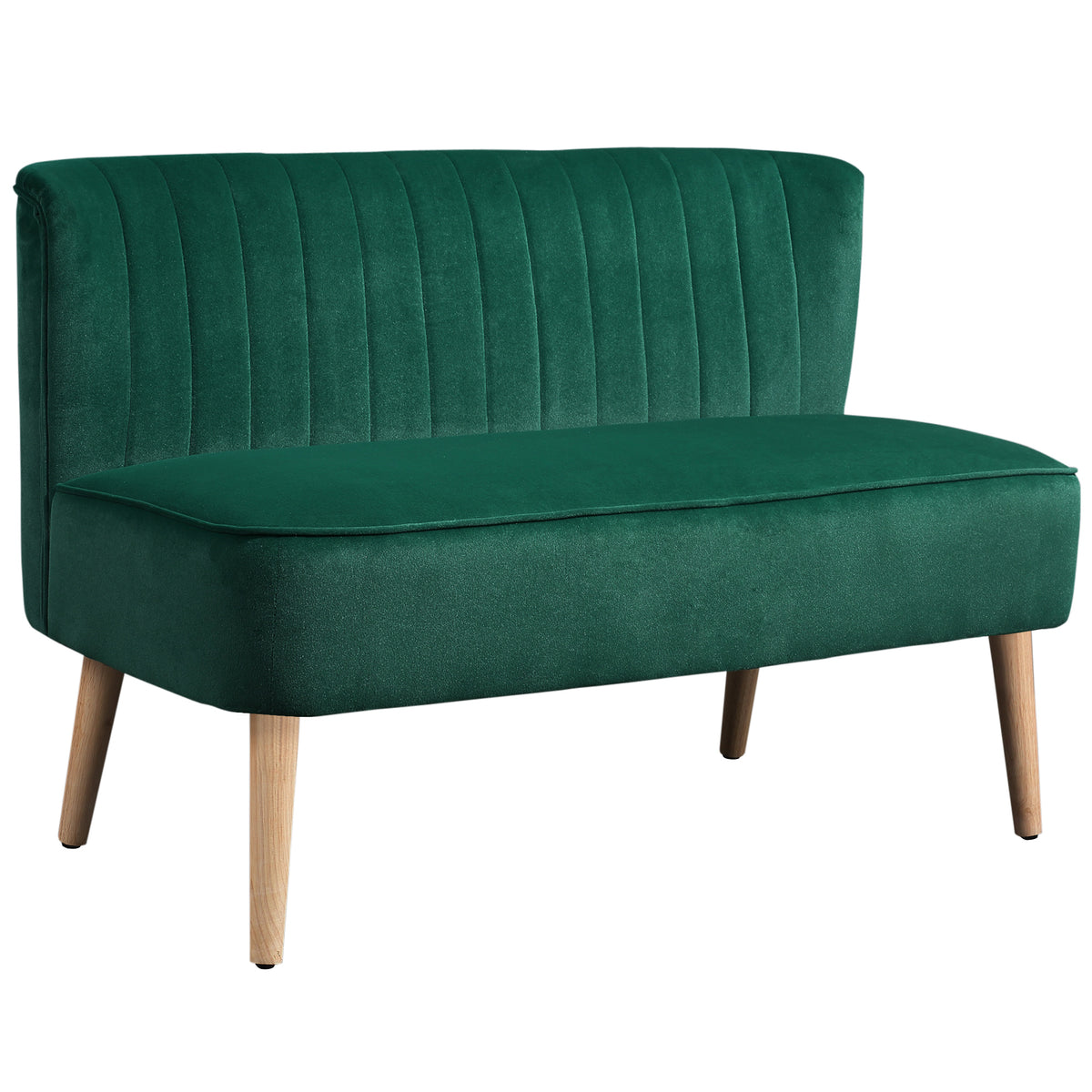 Photo of HOMCOM 117cm Loveseat Sofa Upholstered Small 2 Seater Sofa  with Thick Padded Seat and Rubber Wood Legs, Dark Green in Green colour on a white background