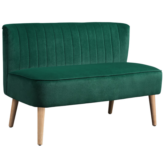 Photo of HOMCOM 117cm Loveseat Sofa Upholstered Small 2 Seater Sofa  with Thick Padded Seat and Rubber Wood Legs, Dark Green in Green colour on a white background