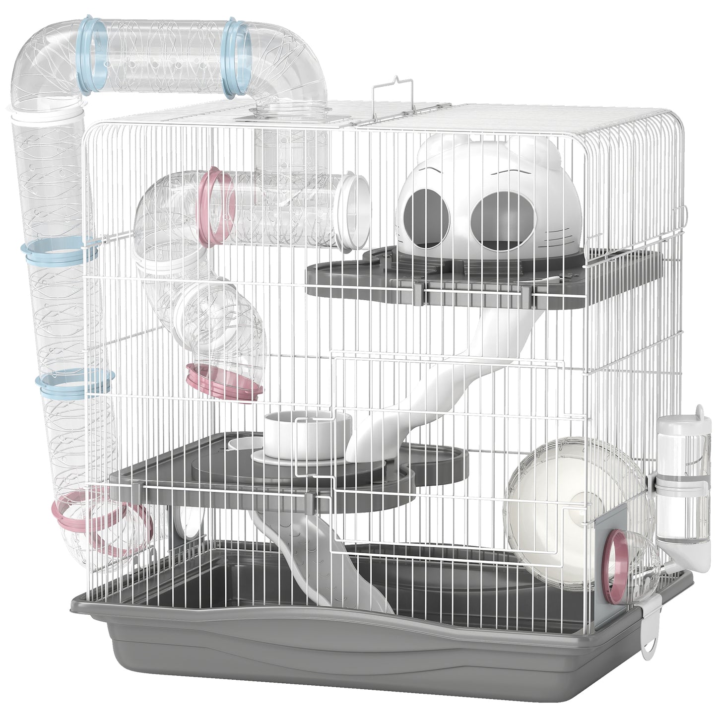 Photo of PawHut 3-Tier Hamster Cage with Exercise Wheels, Water Bottle, Food Dish, for Dwarf Hamsters, 45 x 30 x 45 cm, Grey in Grey colour on a white background