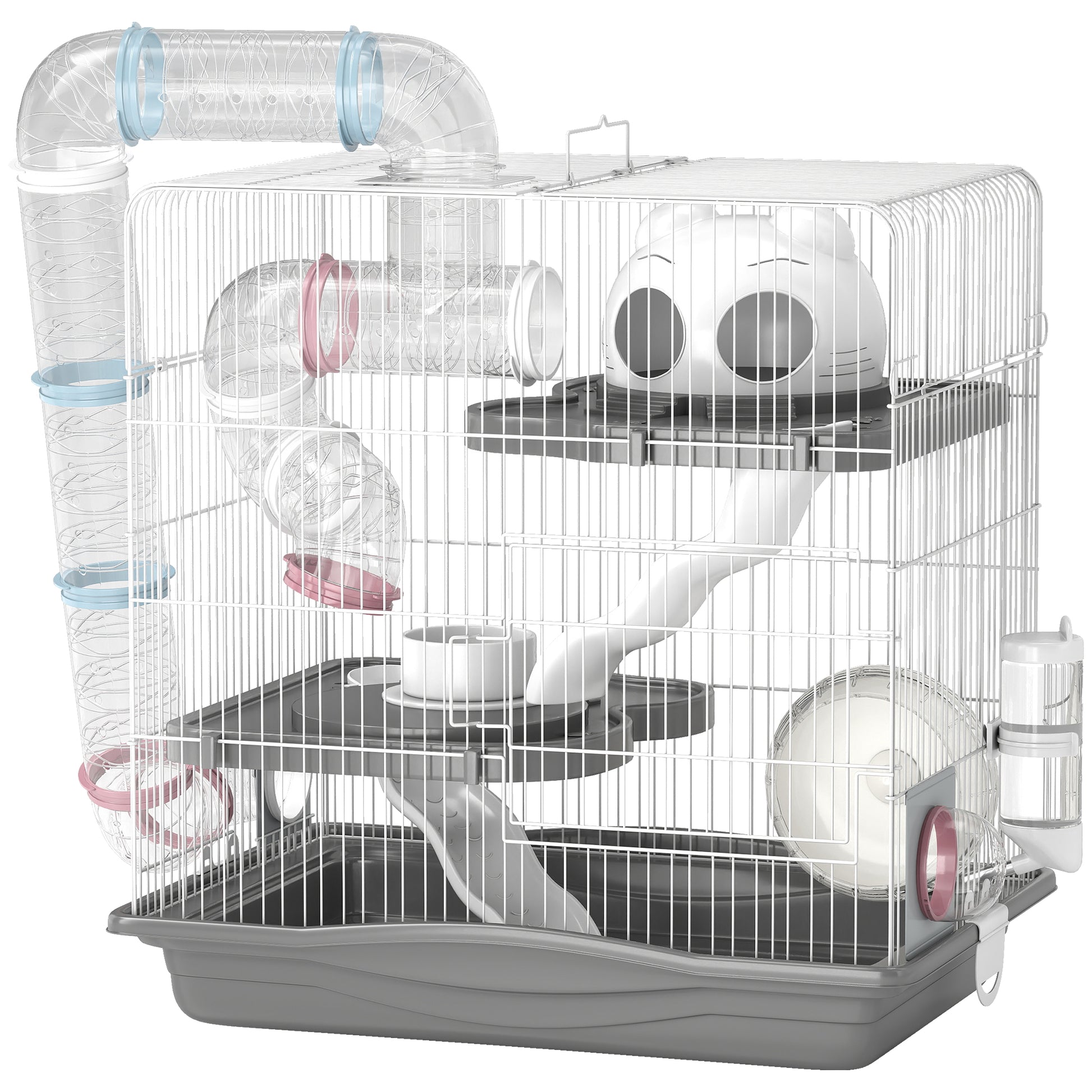 Photo of PawHut 3-Tier Hamster Cage with Exercise Wheels, Water Bottle, Food Dish, for Dwarf Hamsters, 45 x 30 x 45 cm, Grey in Grey colour on a white background