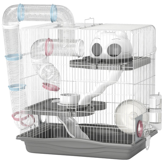 Photo of PawHut 3-Tier Hamster Cage with Exercise Wheels, Water Bottle, Food Dish, for Dwarf Hamsters, 45 x 30 x 45 cm, Grey in Grey colour on a white background