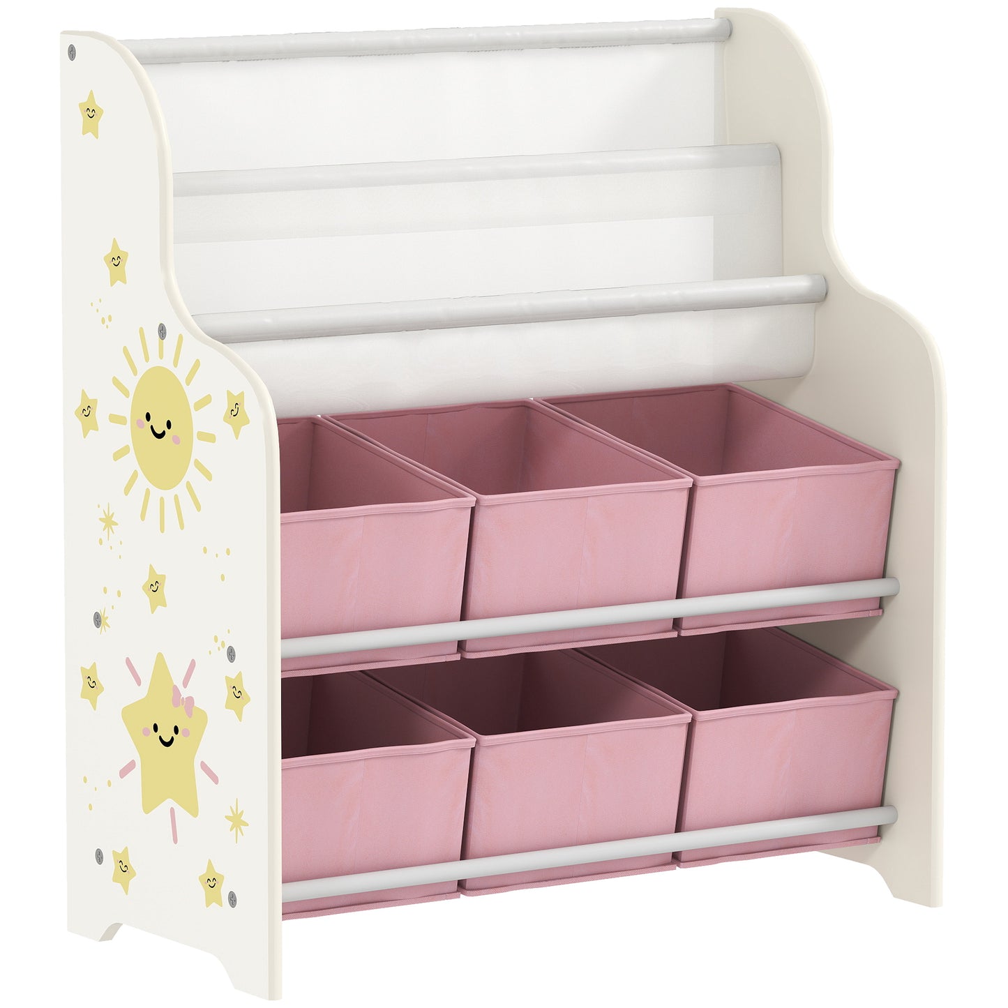 Photo of AIYAPLAY Kids Storage Unit, Toy Organiser with 6 Fabric Drawers and 2-Tier Sling Book Rack for Bedroom, Playroom, Nursery, Pink in Pink colour on a white background