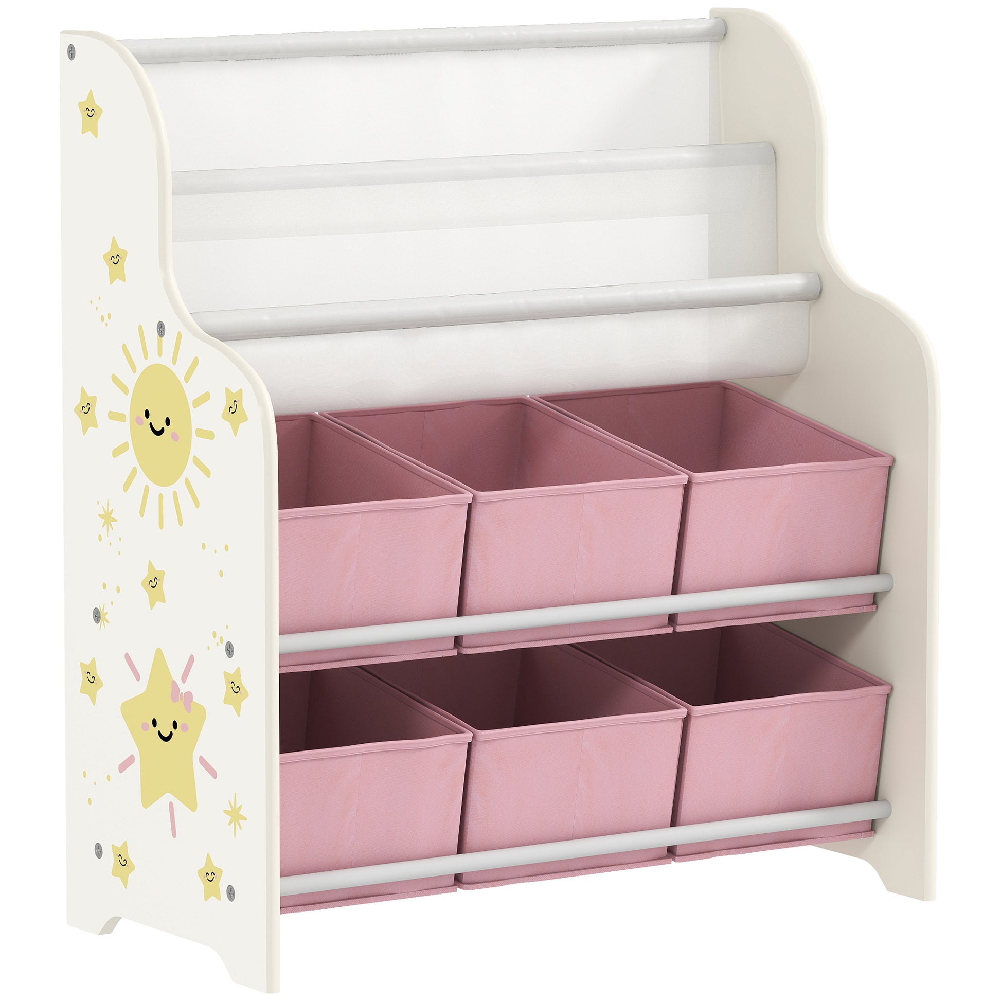 Photo of AIYAPLAY Kids Storage Unit, Toy Organiser with 6 Fabric Drawers and 2-Tier Sling Book Rack for Bedroom, Playroom, Nursery, Pink in Pink colour on a white background