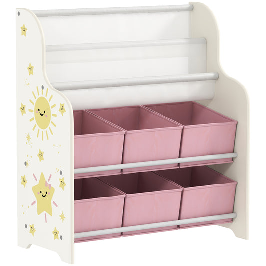 Photo of AIYAPLAY Kids Storage Unit, Toy Organiser with 6 Fabric Drawers and 2-Tier Sling Book Rack for Bedroom, Playroom, Nursery, Pink in Pink colour on a white background