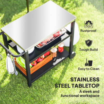 Outsunny grill cart with stainless steel tabletop, two shelves, side handle, and wheels