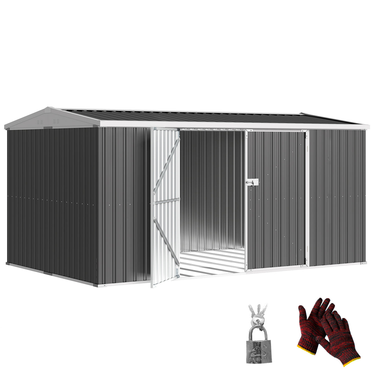 Outsunny metal garden shed with open doors and included padlock and gloves