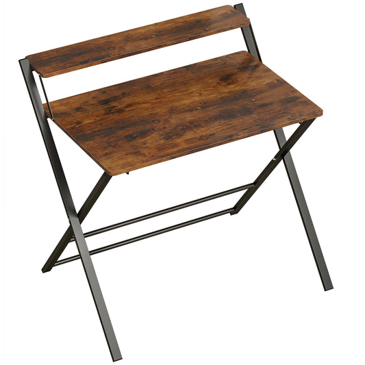 Photo of HOMCOM Compact Folding Desk for Small Spaces with Storage Shelf for Home Office, Rustic Brown in Brown colour on a white background