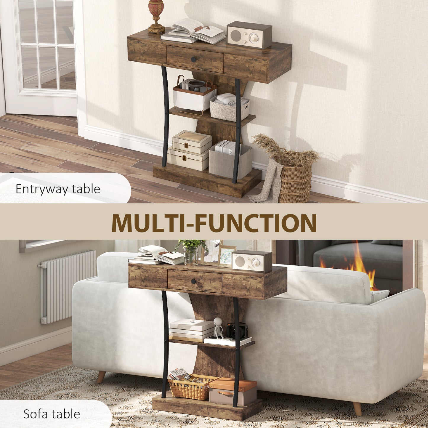 HOMCOM Console Table, 3-Tier Industrial Hallway Table with Drawer, Storage Shelves, 91 x 32 x 87 cm, Rustic Brown