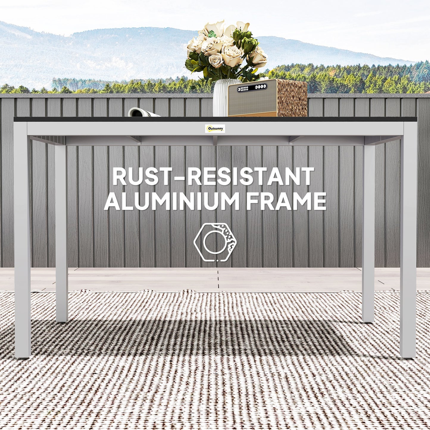 Outsunny Garden Table for 4-6, 120 x 70 cm Outdoor Dining Table with Rust-Resistant Aluminium Frame, Easy Maintenance Slatted Top, for Patio, Terrace, Balcony, Black