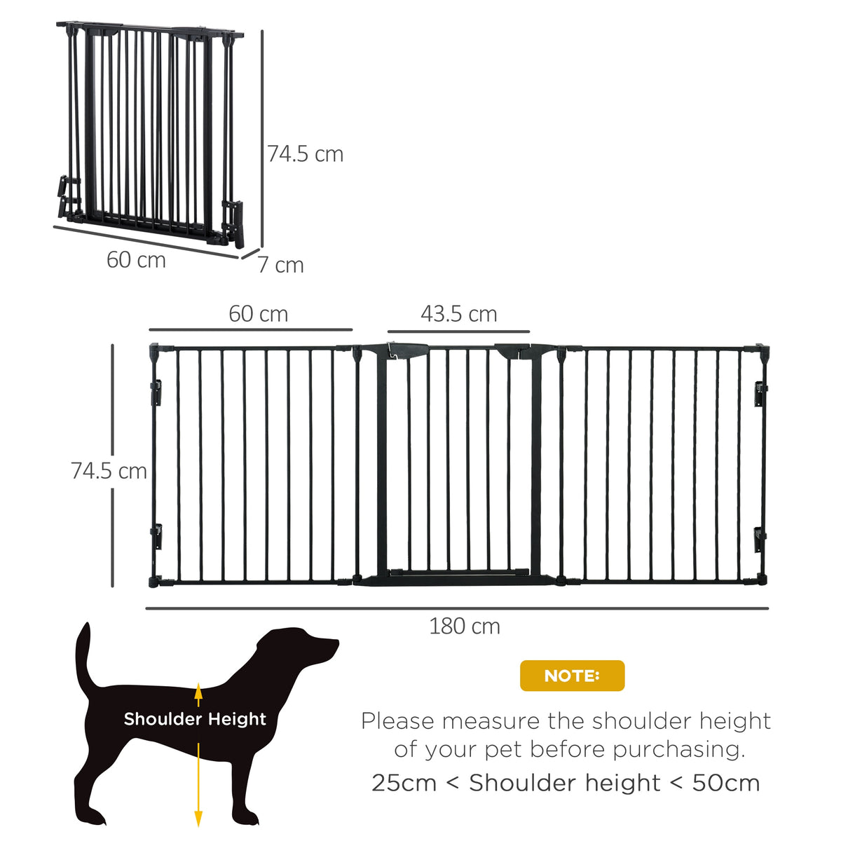 PawHut black metal pet gate shown folded and extended, with dimensions labeled