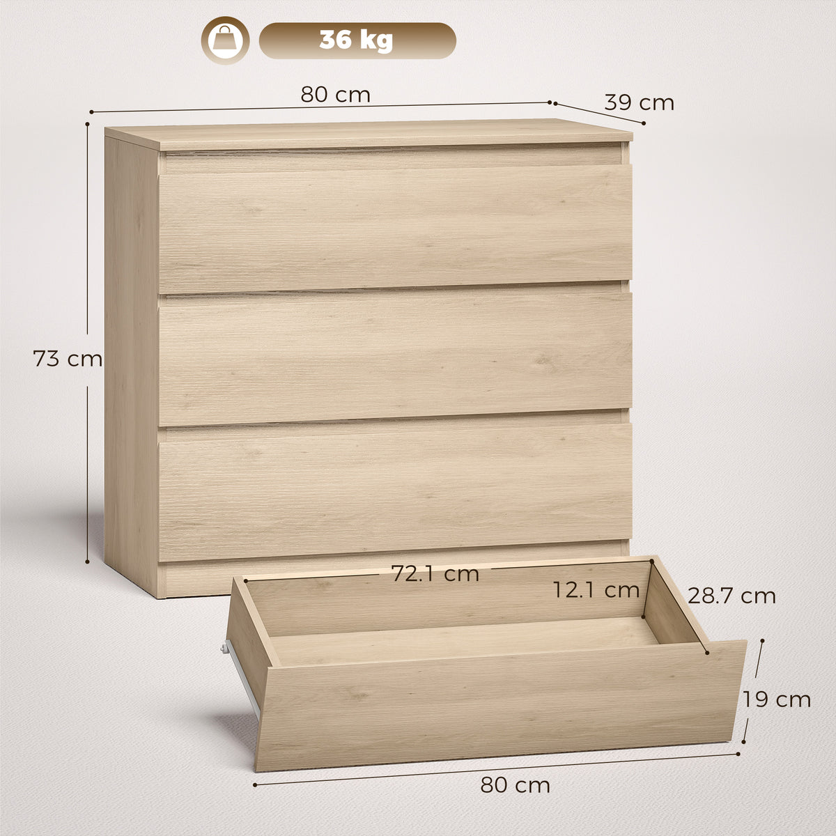 HOMCOM 3-Drawer Storage Organiser Unit, Chest of Drawers for Bedroom, Living Room, 80 x 39 x 73cm, Oak
