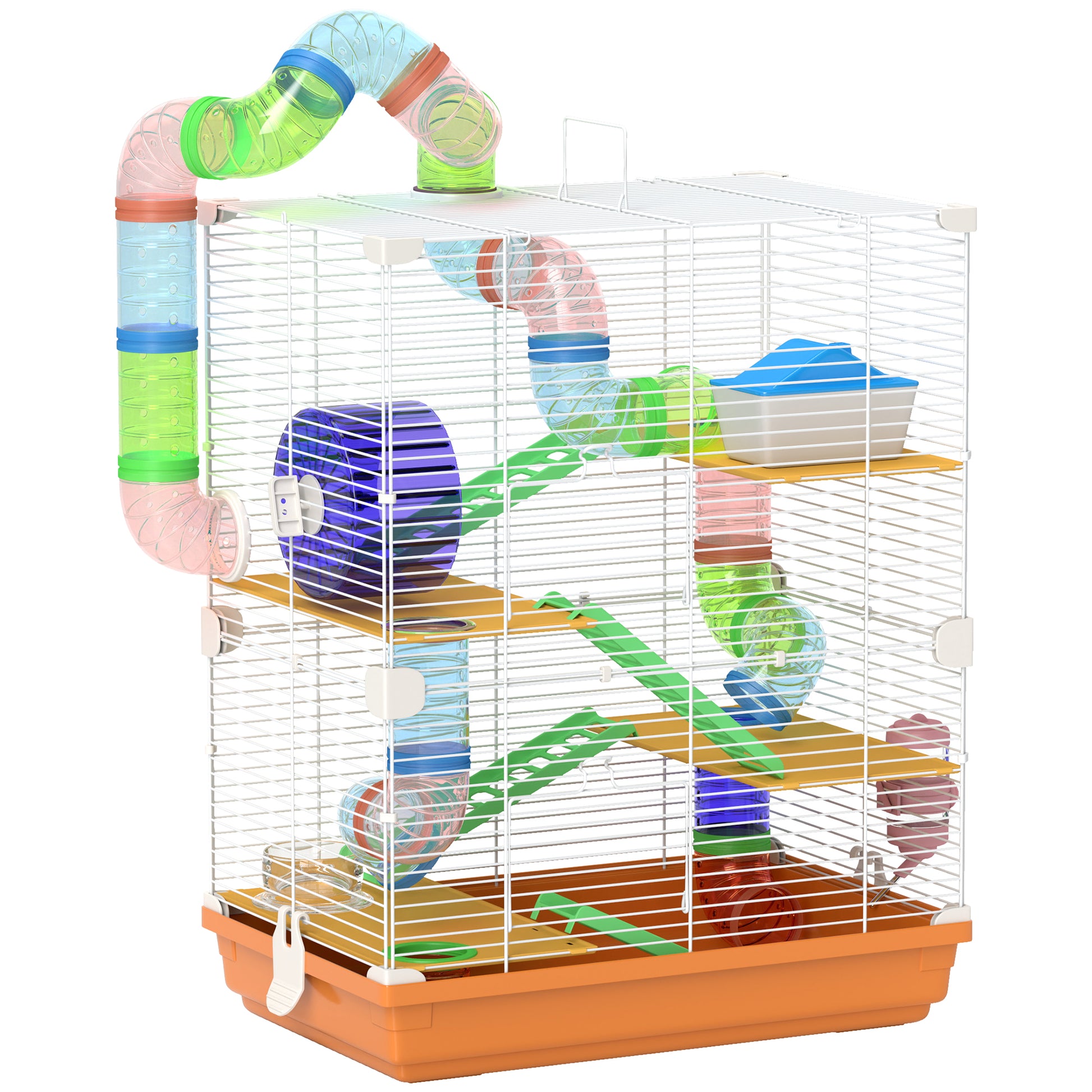 Photo of PawHut 5 Tier Hamster Cage Carrier Habitat w/ Exercise Wheels, Tunnel, Orange in Orange colour on a white background