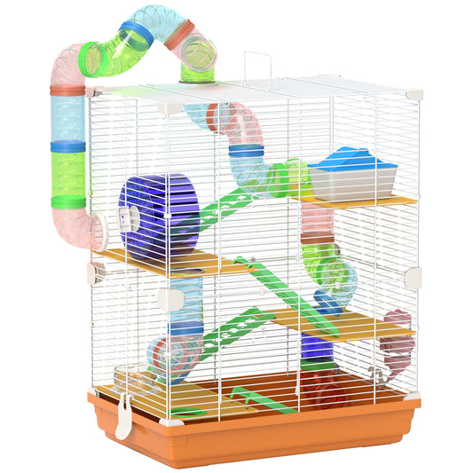 Photo of PawHut 5 Tier Hamster Cage Carrier Habitat w/ Exercise Wheels, Tunnel, Orange in Orange colour on a white background