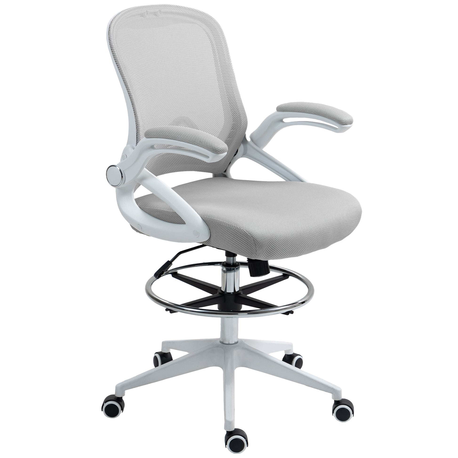 Photo of Vinsetto Drafting Chair with Flip-up Armrest, Mesh Office Stool with Foot Ring, 360 Degree Swivel Height Adjustable Chair for Standing Desk, Light Grey in Grey colour on a white background