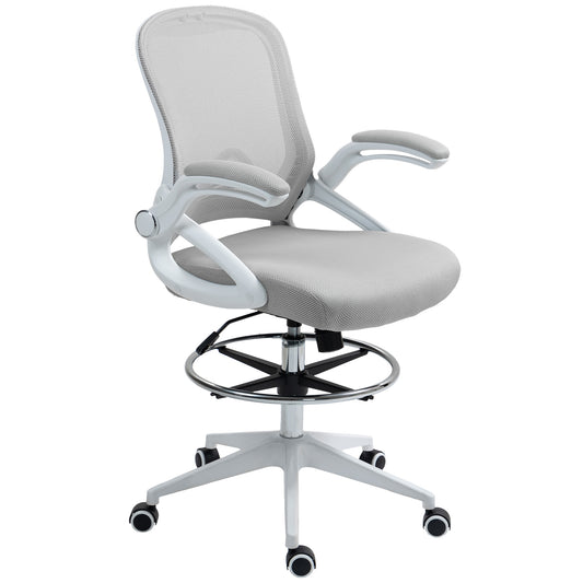 Photo of Vinsetto Drafting Chair with Flip-up Armrest, Mesh Office Stool with Foot Ring, 360 Degree Swivel Height Adjustable Chair for Standing Desk, Light Grey in Grey colour on a white background