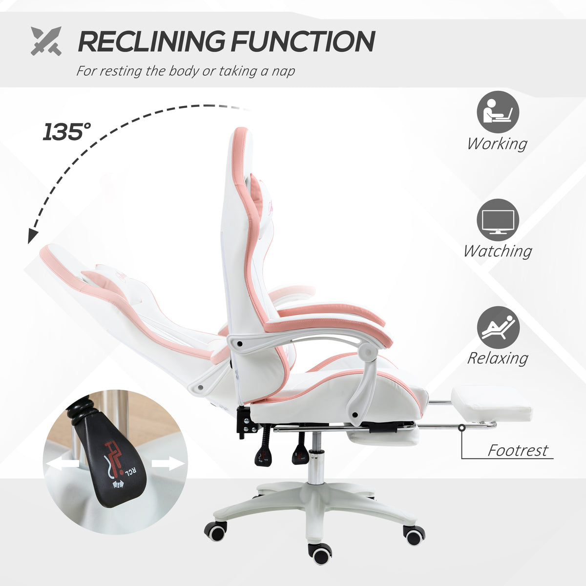 Vinsetto Gaming Chair, Computer Gamer Chair with Reclining High Back, Headrest, Lumbar Support, Footrest, Swivel Wheels, PU Leather, Adjustable Height for Home, White and Pink
