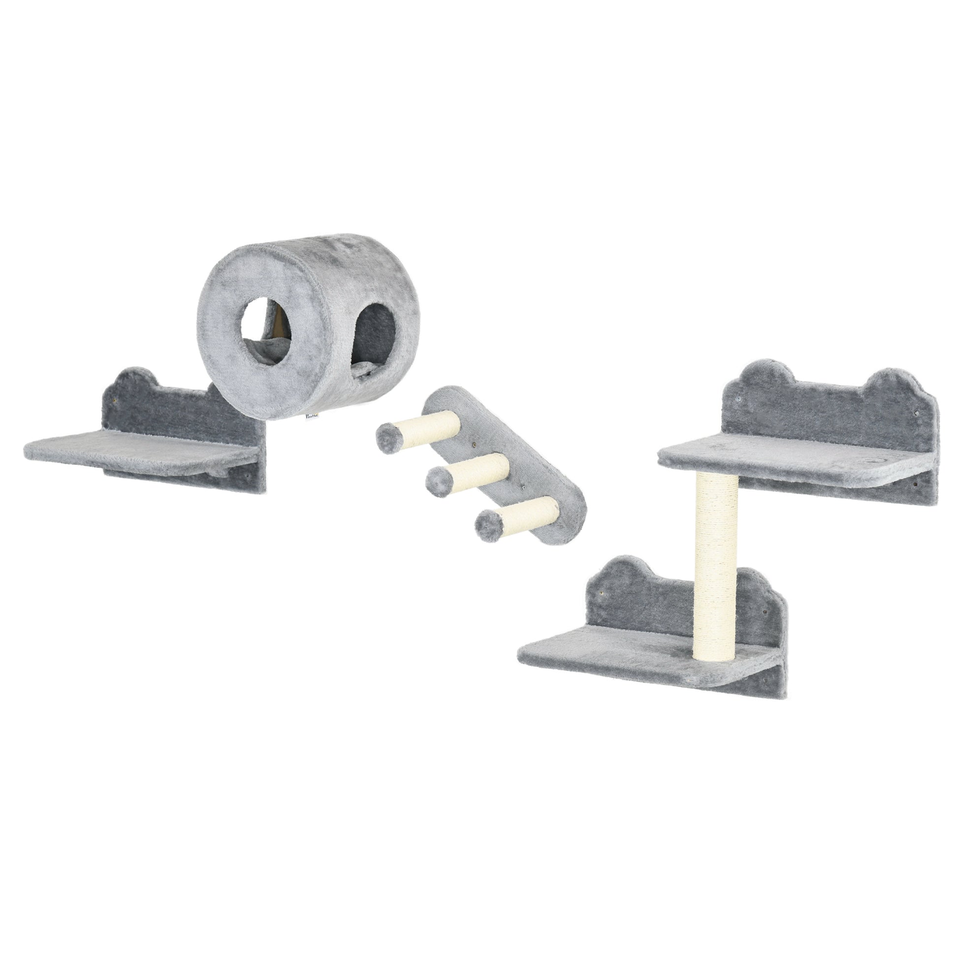Photo of PawHut 4PCs Wall-Mounted Cat Tree, with Steps, Perch, Cat House - Grey in Grey colour on a white background