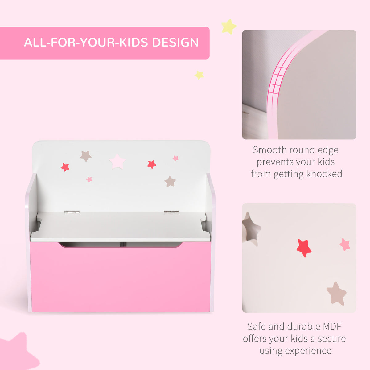 Pink and white toy chest bench with star decals and rounded edges.