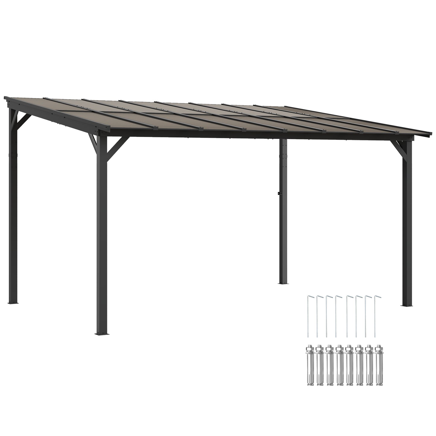 Photo of Outsunny 3 x 4.3 m Lean to Pergola with UPF 50+ Waterproof Polycarbonate Roof, Wall-Mounted or Free Standing Hardtop Roof Garden Metal Pergola Gazebo, Heavy Duty Outdoor Sun Shade, Dark Grey in Grey colour on a white background