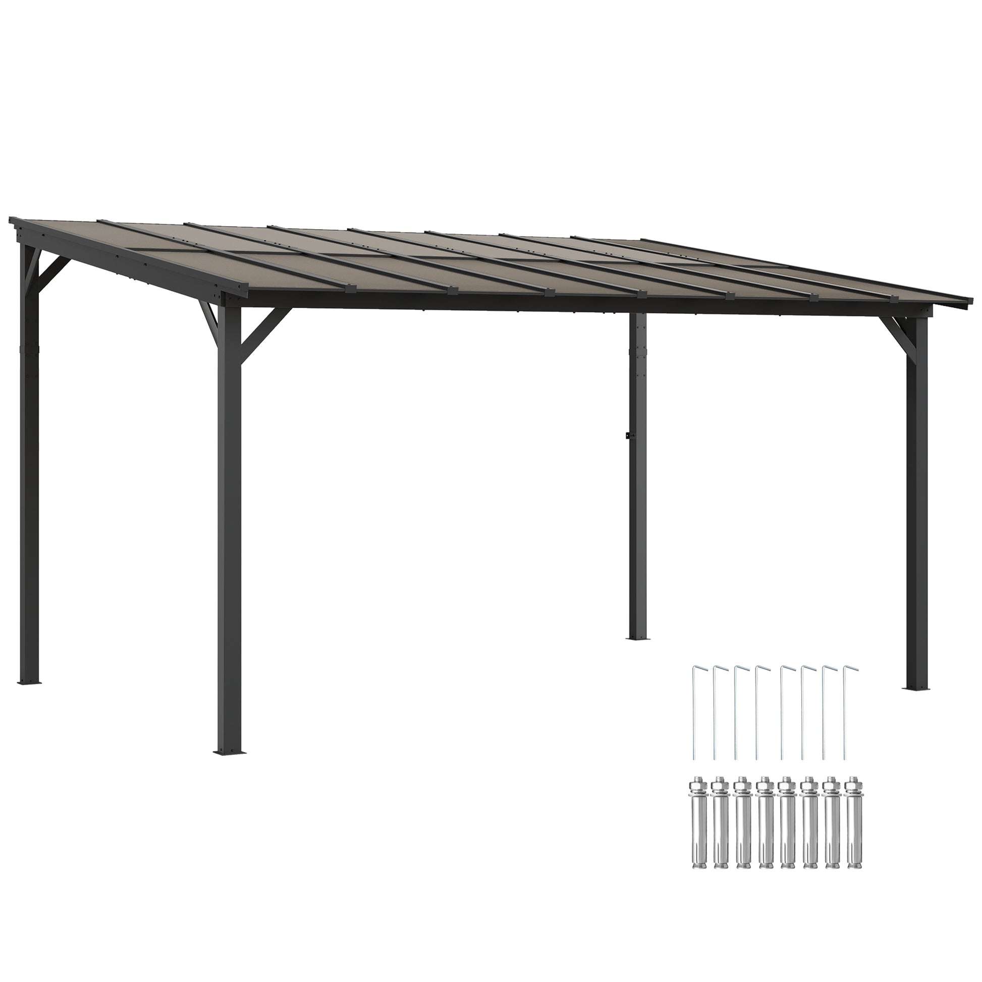 Photo of Outsunny 3 x 4.3 m Lean to Pergola with UPF 50+ Waterproof Polycarbonate Roof, Wall-Mounted or Free Standing Hardtop Roof Garden Metal Pergola Gazebo, Heavy Duty Outdoor Sun Shade, Dark Grey in Grey colour on a white background