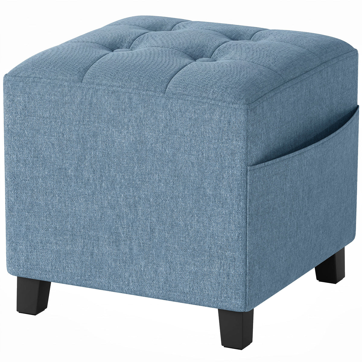 Photo of HOMCOM Small Ottoman, Square Footstool with Side Pocket, Rubber Wood Legs and Padded Seat for Living Room, Dark Blue in Blue colour on a white background