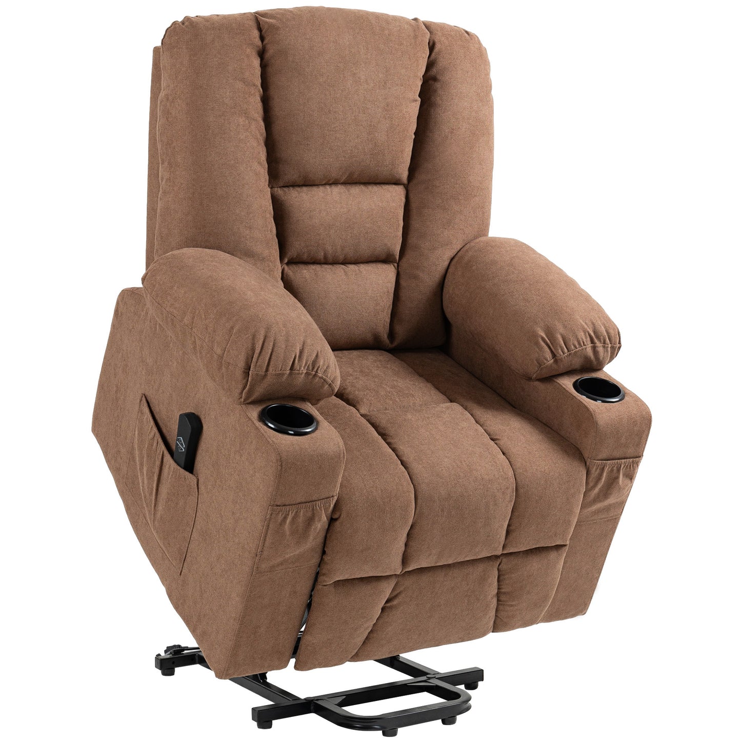 Photo of HOMCOM Oversized Riser and Recliner Chairs for the Elderly, Fabric Upholstered Lift Chair for Living Room with Remote Control, Side Pockets, Cup Holder, Brown in Brown colour on a white background