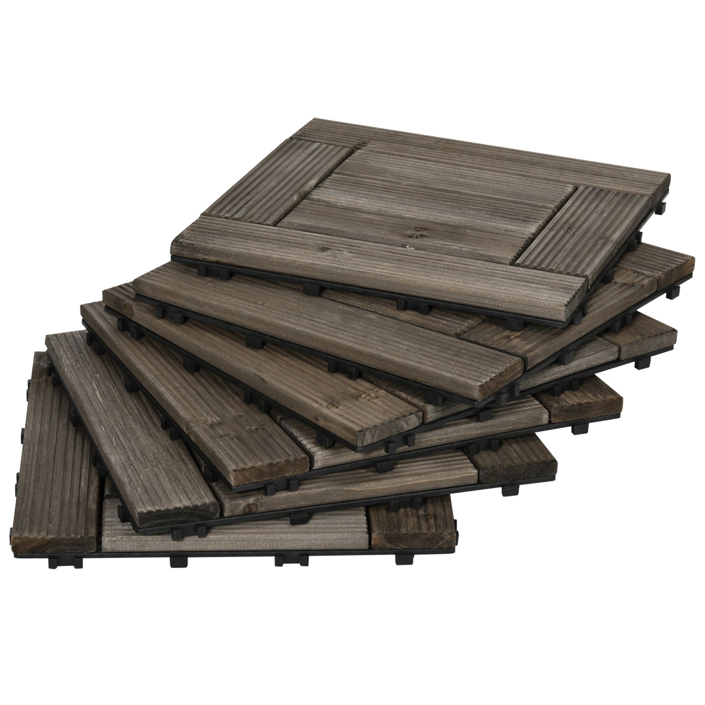 Photo of Outsunny 27 Pcs Wooden Interlocking Decking Tiles, 30 x 30 cm Outdoor Flooring Tiles, 2.5㎡ per Pack, for Patio, Balcony, Terrace, Hot Tub, Charcoal Grey in Grey colour on a white background