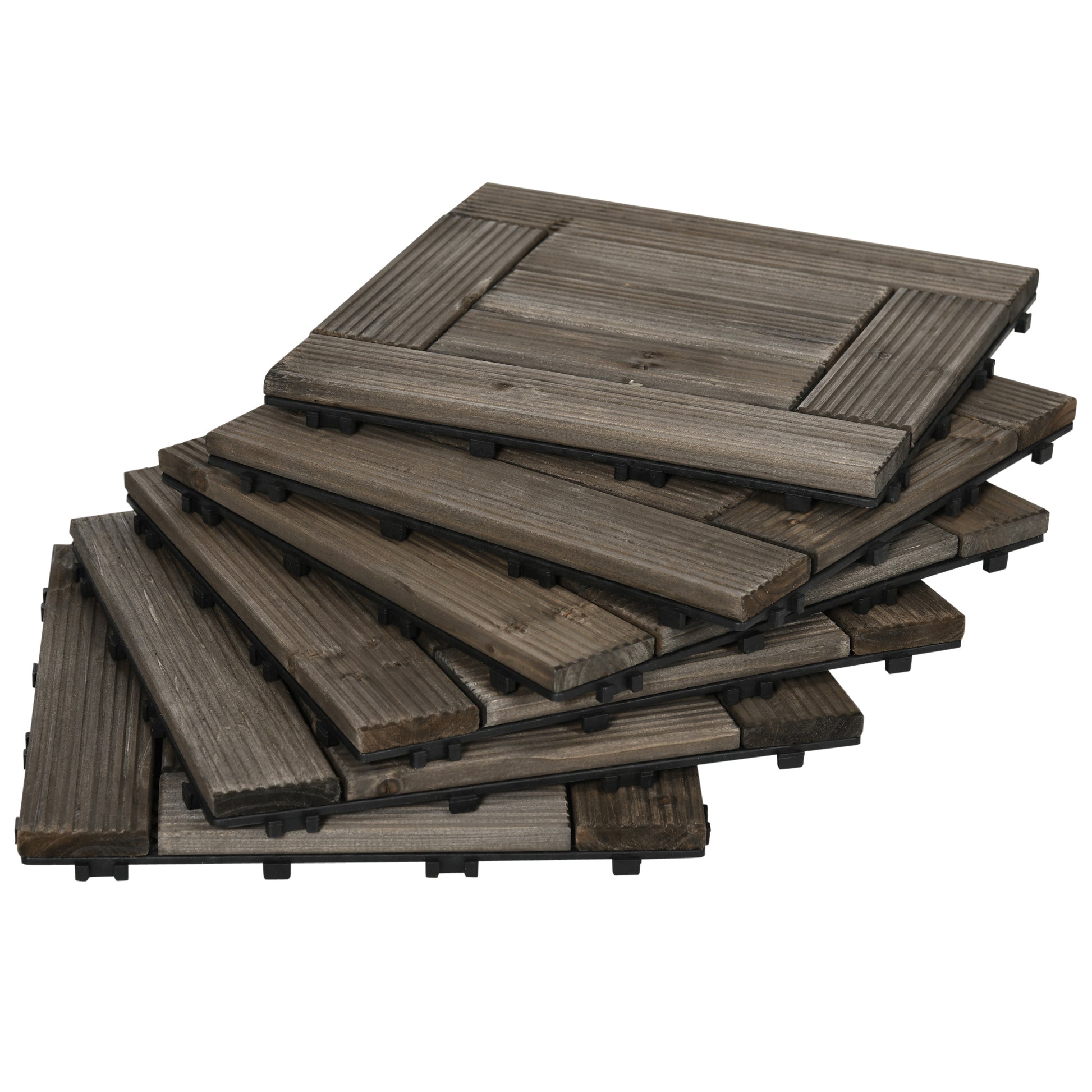 Photo of Outsunny 27 Pcs Wooden Interlocking Decking Tiles, 30 x 30 cm Outdoor Flooring Tiles, 2.5㎡ per Pack, for Patio, Balcony, Terrace, Hot Tub, Charcoal Grey in Grey colour on a white background