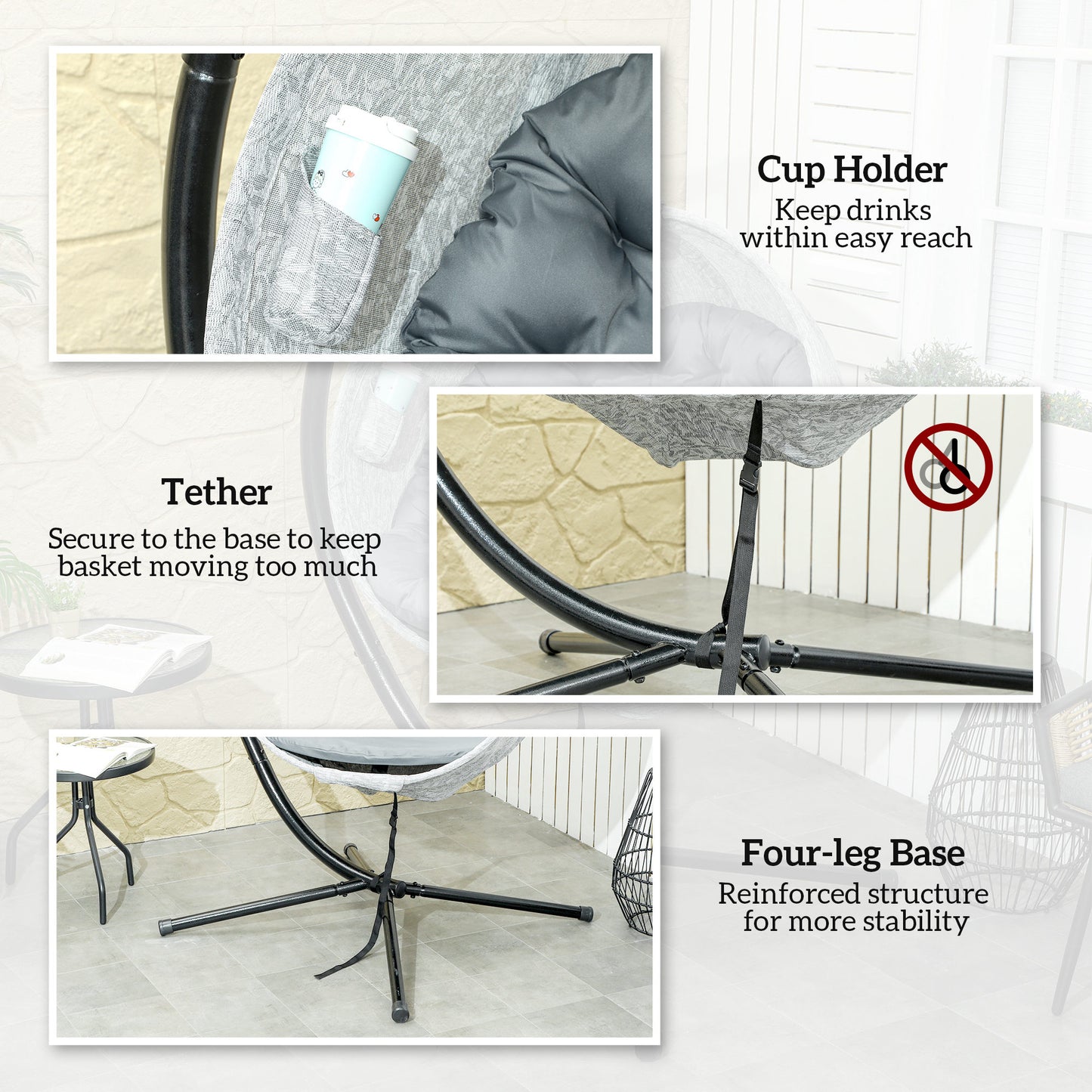 Outsunny Hanging Egg Chair Outdoor Indoor Garden Swing Chair with Folding Basket, Thickened Cushion, Cup Holder for Patio, Balcony, Grey