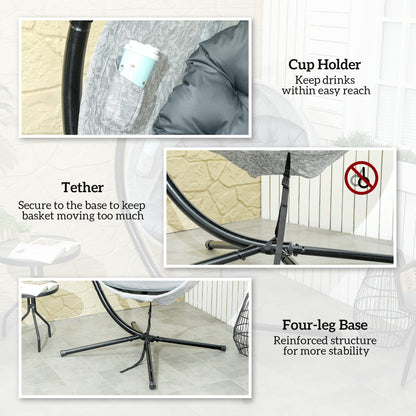Outsunny egg chair details showing cup holder, stabilizing tether, and four-leg base