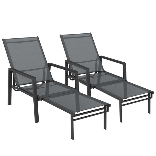 Photo of Outsunny Sun Loungers Set of 2 Retractable Footrest 5-Position Adjustable Steel Frame for Beach, Porch, Patio, Camping, Dark Grey in Grey colour on a white background