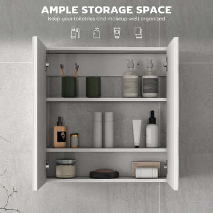 HOMCOM white bathroom mirror cabinet with both doors open and three storage shelves
