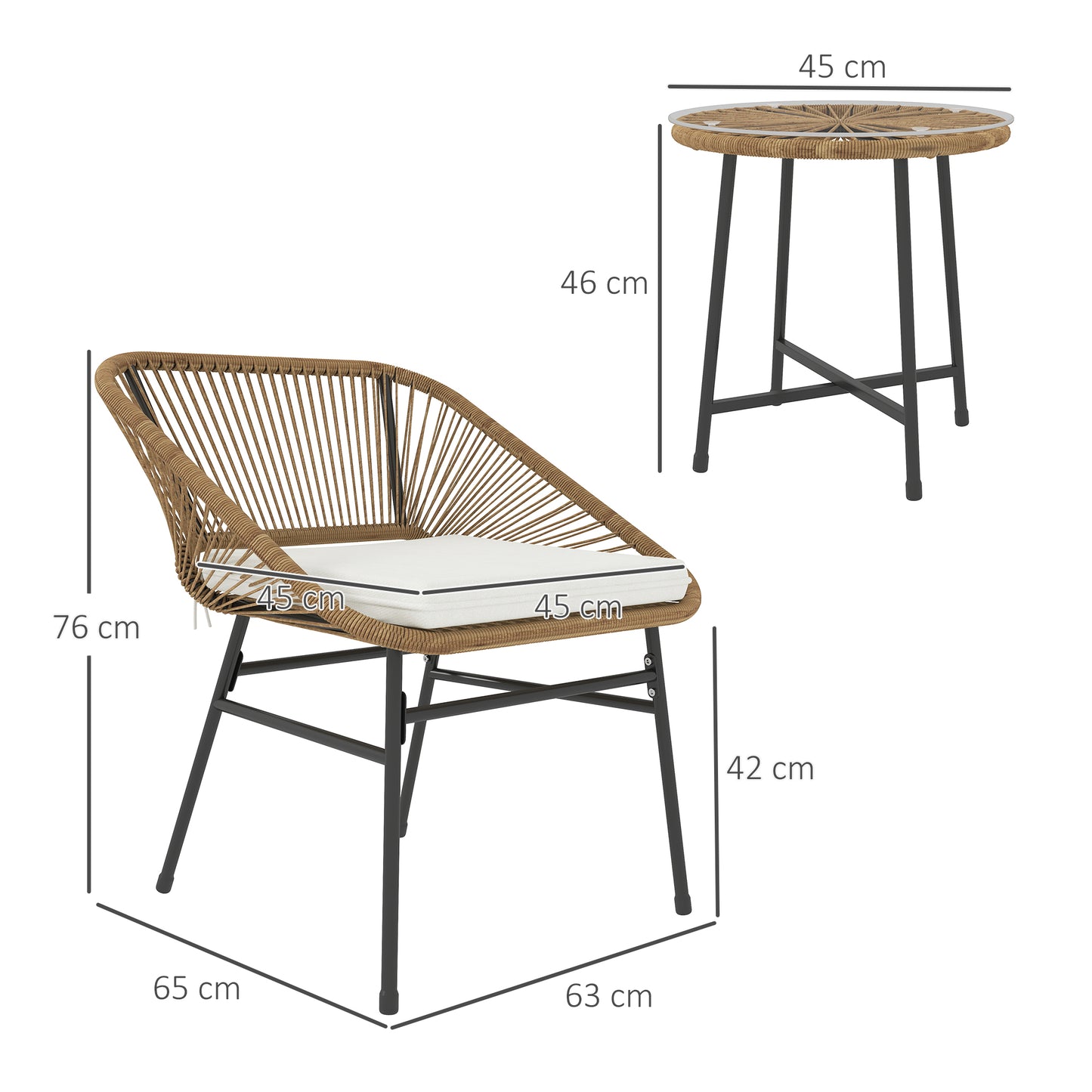 Outsunny 3 Pieces Rattan Bistro Set, Wicker Small Garden Table and Chairs Set with Cushions and Glass Top Coffee Table, Bistro Garden Furniture Set for Outdoor, Patio, Balcony, Natural