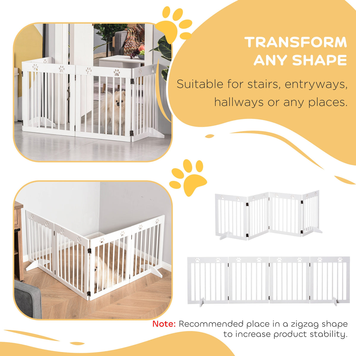 PawHut white folding pet gate shown in zigzag and straight configurations