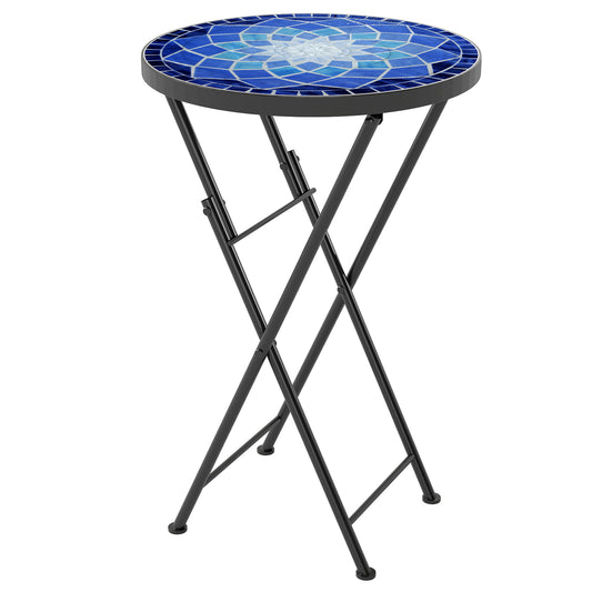Photo of Outsunny Mosaic Outdoor Garden Table, 35.5cm Round Folding Coffee Table with Metal Frame for Balcony Terrace, Navy Blue in Blue colour on a white background