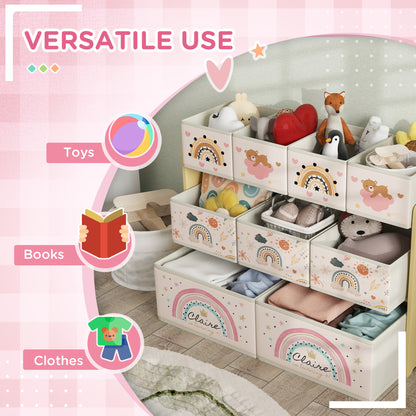 AIYAPLAY three-tier kids storage unit filled with toys, books, and folded clothes