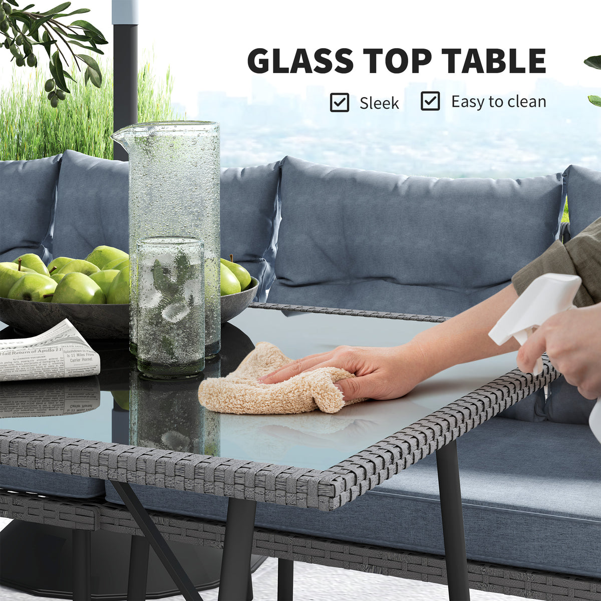 Outsunny 6 Piece Rattan Garden Furniture Set, 8 Seater Garden Corner Sofa with Cushions and Glass Top Table, Sectional Outdoor Furniture Conservatory Set for Patio, Charcoal Grey