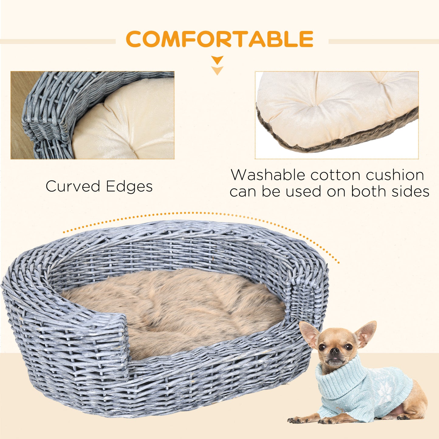 PawHut Wicker Pet Bed Willow Dog Cat Sofa Puppy Basket with Cushion Grey 57L x 46W x 17.5H cm