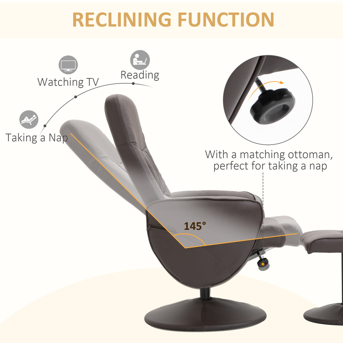 Brown recliner chair tilted back beside its matching footstool