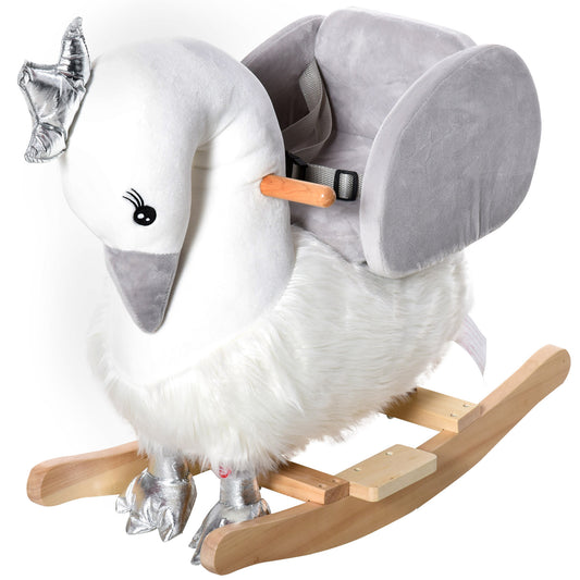 Photo of HOMCOM Kids Rocking Horse, Children Plush Ride On Swan Animal Rocker w/ Sound, Wood Base Seat, Seat Belt, Baby Toy Rocker for Toddler 18 - 36 Months, White and Grey in Grey colour on a white background