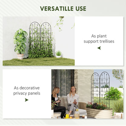 Metal trellis panels shown supporting plants and as decorative privacy screens