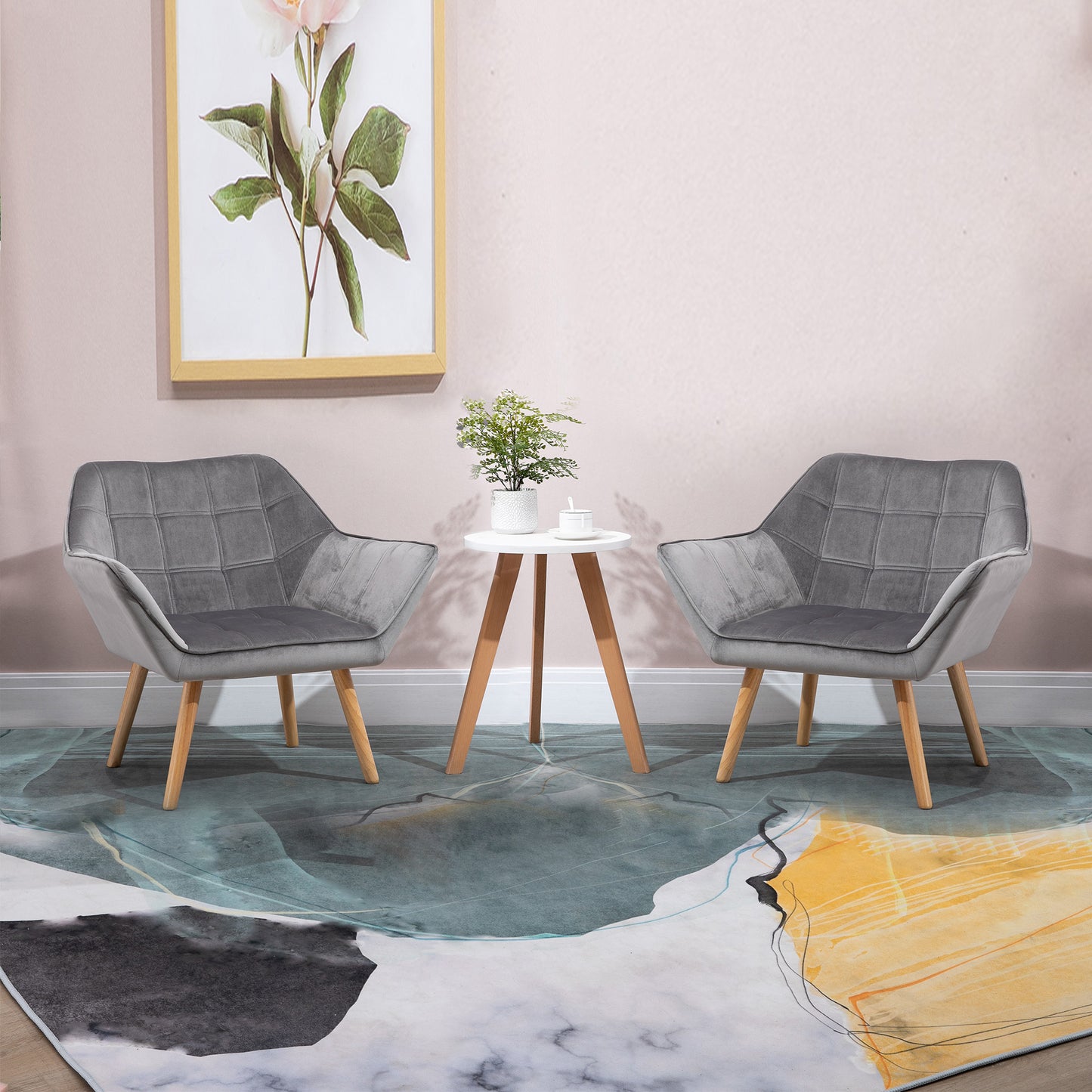HOMCOM Accent Chair, Velvet Upholstered Vanity Tub Chair with Flared Armrests, Slanted Back, Solid Wood Legs, Comfy Padding Armchair, Home Bedroom Furniture Seating, Grey
