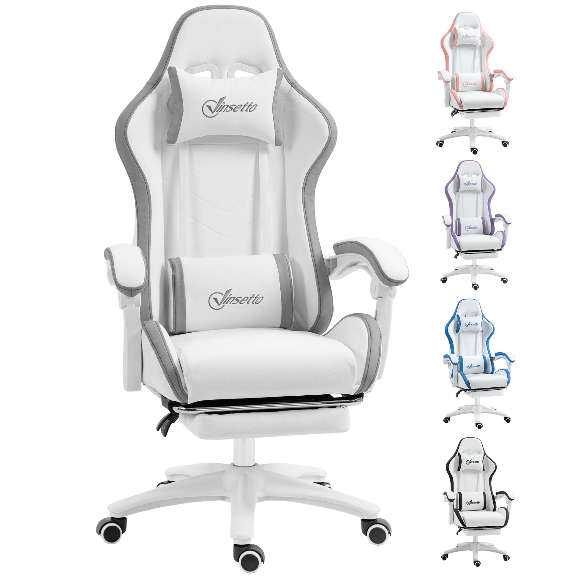 Photo of Vinsetto Computer Gaming Chair, PU Leather Desk Chair with Footrest, Swivel Task Chair with 135° Reclining Back and Lumbar Support, PC Chair for Adults, White and Grey in Grey colour on a white background