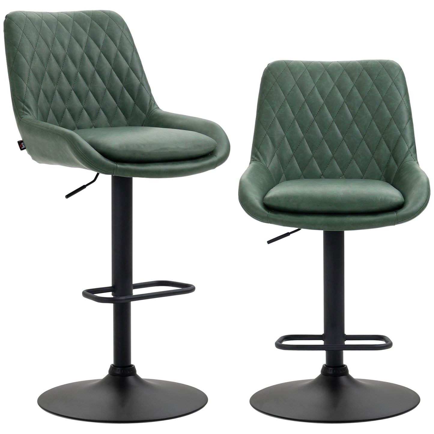 Photo of HOMCOM Retro Bar Stools Set of 2, Adjustable Kitchen Stool, Upholstered Bar Chairs with Back, Swivel Seat, Green in Green colour on a white background