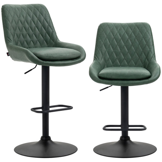 Photo of HOMCOM Retro Bar Stools Set of 2, Adjustable Kitchen Stool, Upholstered Bar Chairs with Back, Swivel Seat, Green in Green colour on a white background