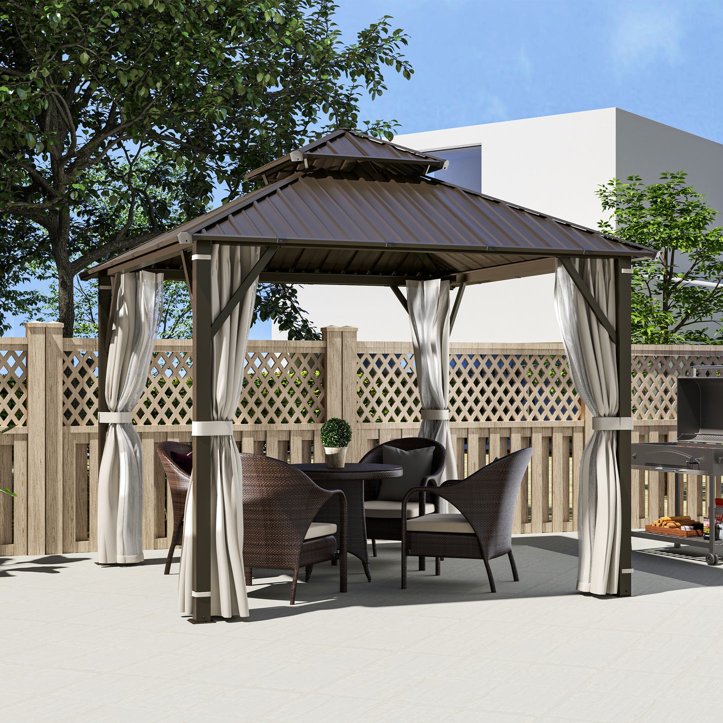 Outsunny 3 x 3(m) Hardtop Gazebo Canopy with Double Metal Roof, Waterproof Permanent Pavilion Garden Gazebo with Netting and Curtains, Easy to Assemble, Beige