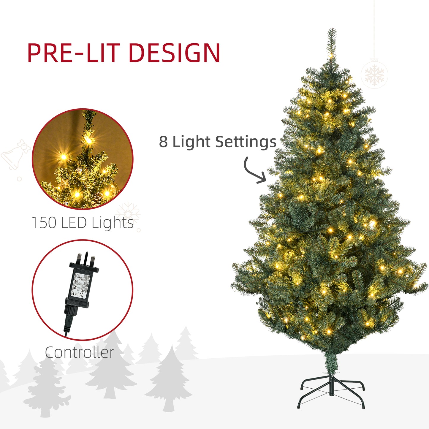 HOMCOM 6' Artificial Prelit Christmas Trees Holiday Décor with Warm White LED Lights, Decoration, Banner, Tag, Ball
